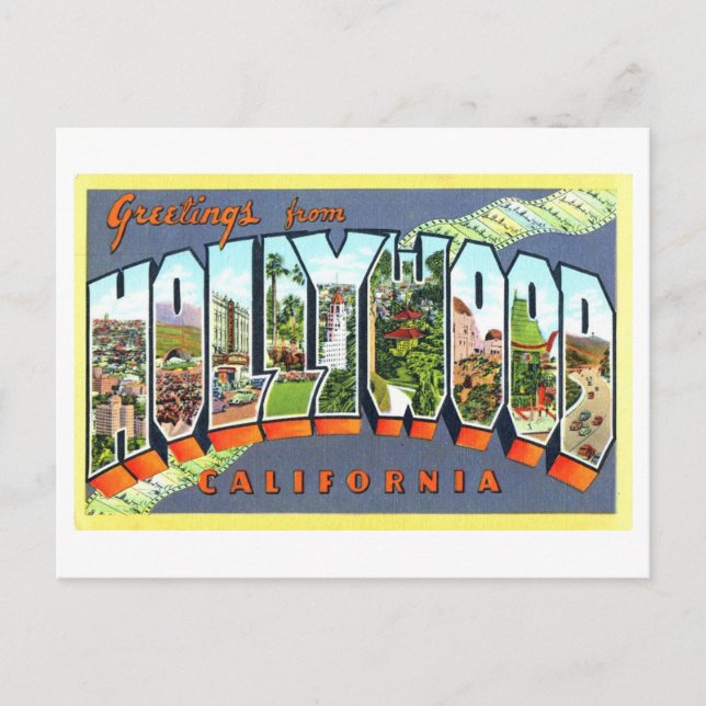 Cartão Postal Saudações Vintage de Hollywood, Califórnia (Frente)