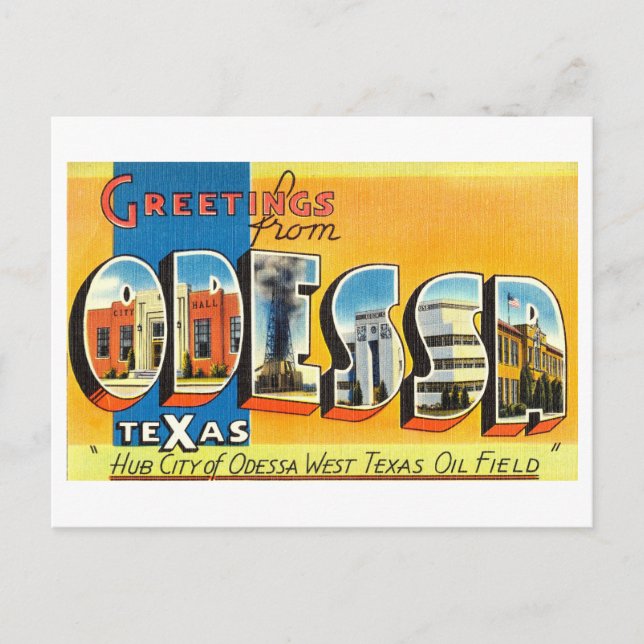Cartão Postal Saudações Vintage de Odessa, Texas (Frente)