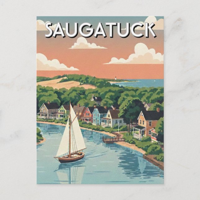 Cartão Postal Saugatuck Sailboat Michigan Travel (Frente)