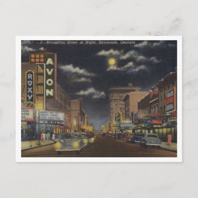 Cartão Postal Savannah GA, Rua de Broughton, Vista dos anos 40 (Frente)