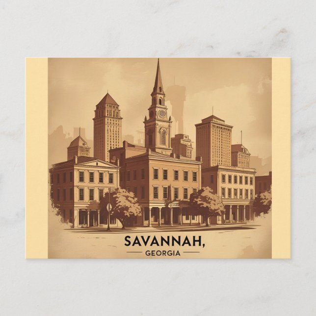 Cartão Postal Savannah Georgia vintage Skyline (Frente)