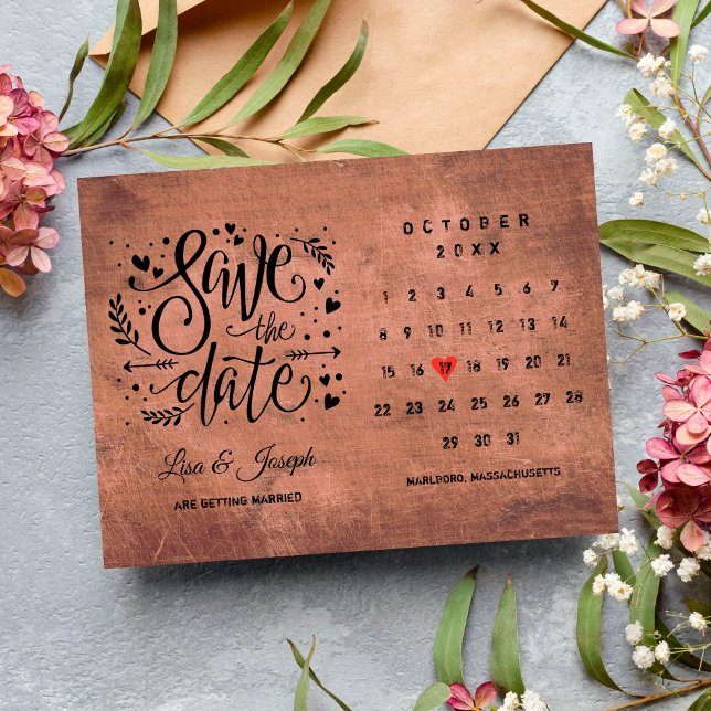 Cartão Postal Save the Date Calendar Red Love Heart Rustic Wood (Criador carregado)