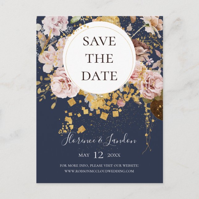 Cartão Postal Save The Date Floral Bege Moderno Az (Frente)