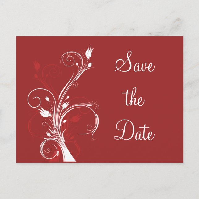 Cartão postal Save the Date Floral Vermelho e Bran (Frente)