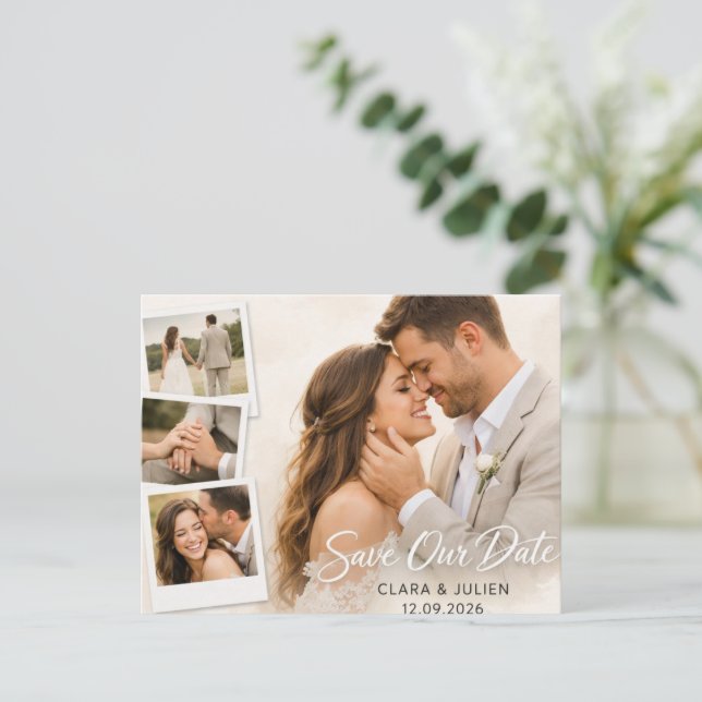 Cartão Postal Save the Date Wedding Card Modern Script | 4 Photo (Em pé/Frente)