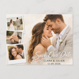 Cartão Postal Save the Date Wedding Card Modern Script | 4 Photo