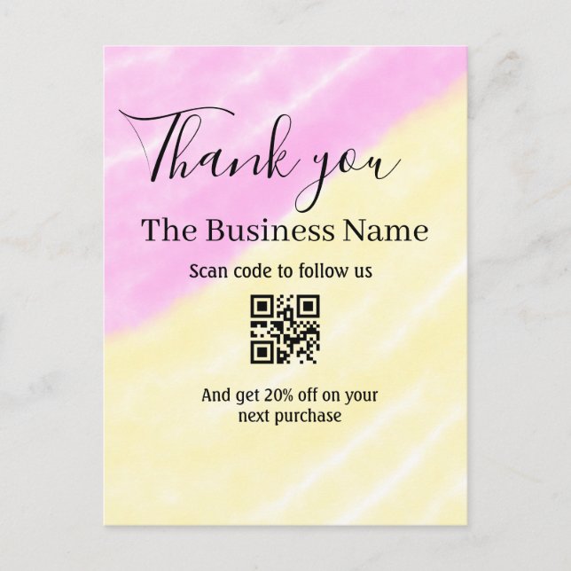 Cartão Postal Scan QR to follow us thank you discount code pink  (Frente)