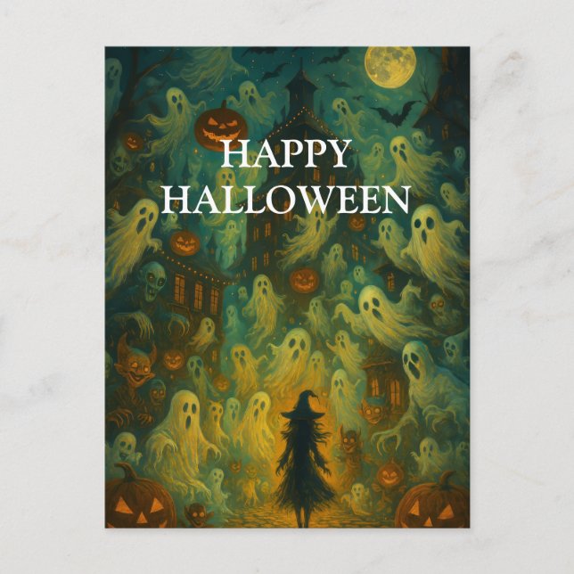 Cartão Postal Scary Halloween Pumpkin Witch Scary Night (Frente)
