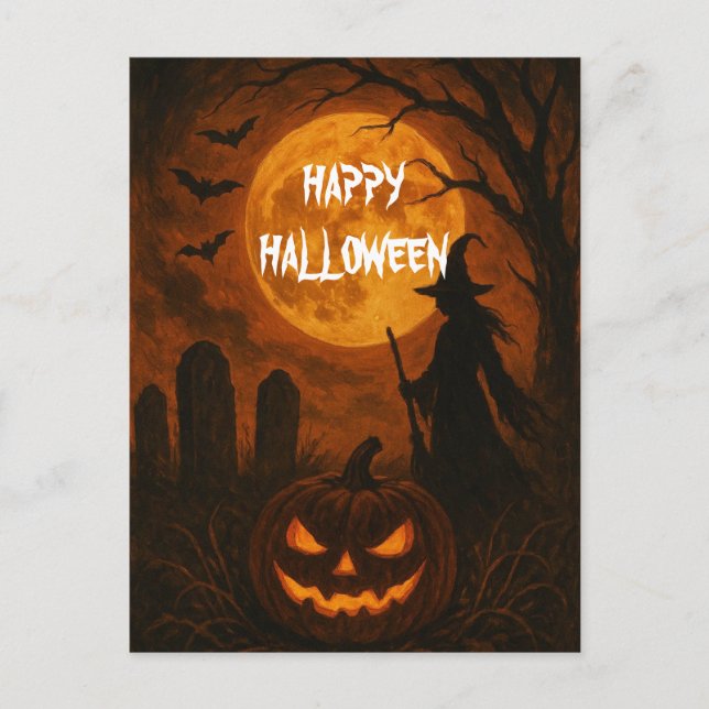 Cartão Postal Scary Halloween Pumpkin Witch Scary Night (Frente)