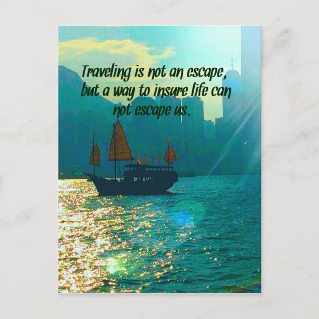 Cartão Postal Scenic Traveling Quote Victoria Harbor with Boat (Frente)
