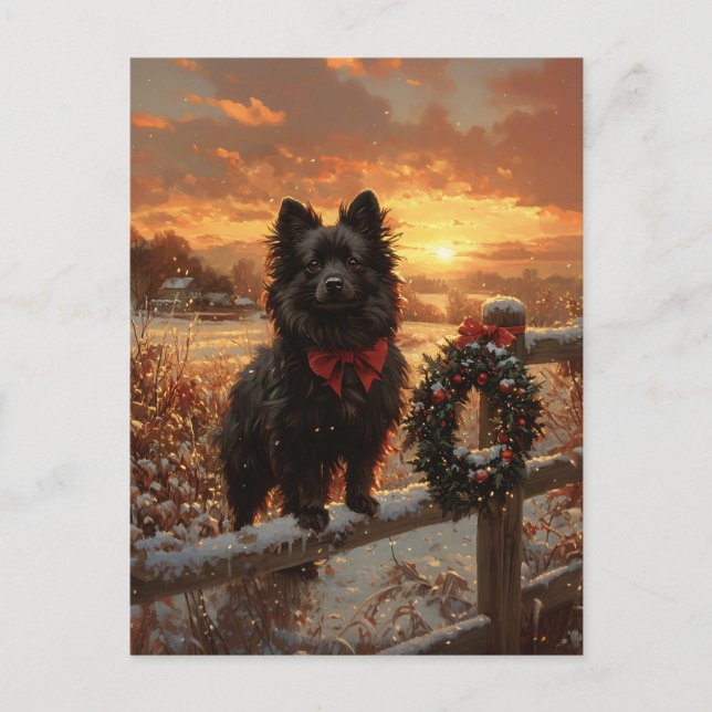Cartão Postal Schipperke Dog Rustic Winter Sunset (Frente)