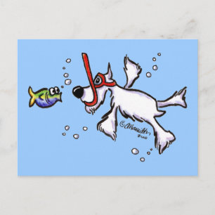 Cartão Postal Schnauzer Branco Fazendo Snorkeling Sob o Mar Azul