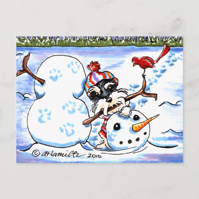 Cartão Postal Schnauzer Construindo Snowman Off-Leash Art™ (Frente)