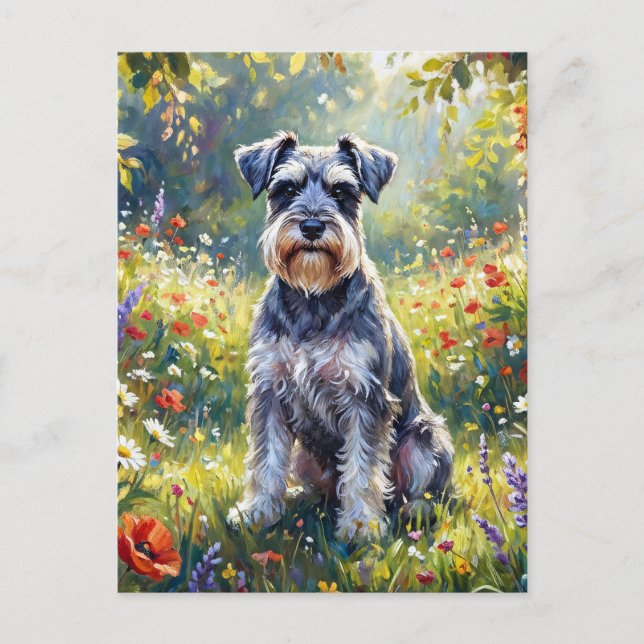 Cartão Postal Schnauzer em Prado de Flores Silvestres (Frente)
