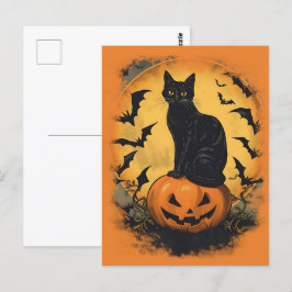 Cartão Postal Schwarze Katze auf Halloween-Kürbis
