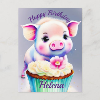 Cartão Postal Schwein mit cupcake Wasserfarbenbild