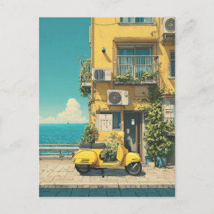 Cartão Postal Scooter Amarelo à Beira-Mar
