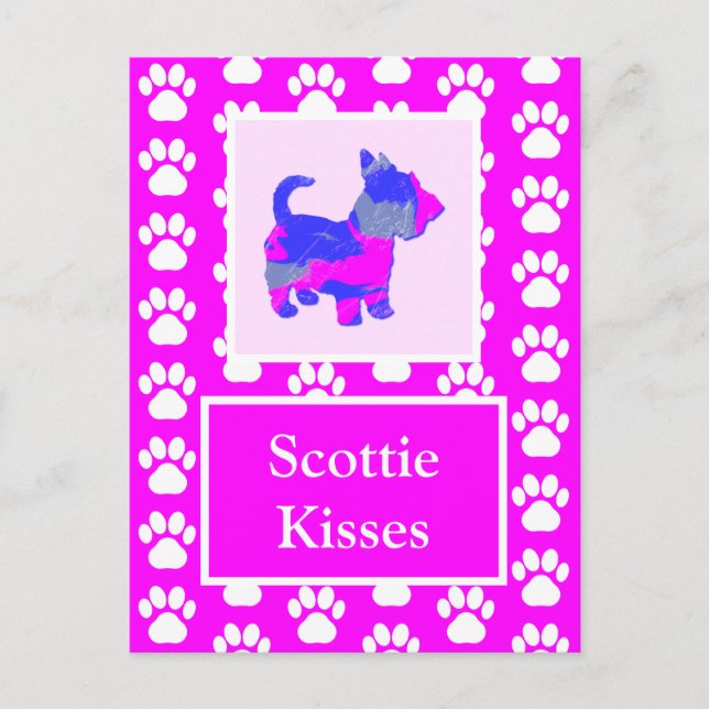 Cartão Postal Scottie Dog Kisses Silhout, cor-de-rosa e azul (Frente)