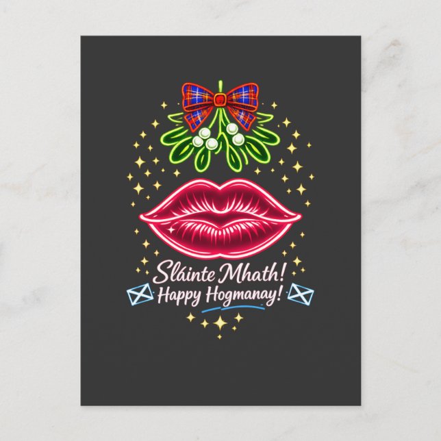 Cartão Postal Scottish Hogmanay Mistletoe Neon Tartan Gift (Frente)