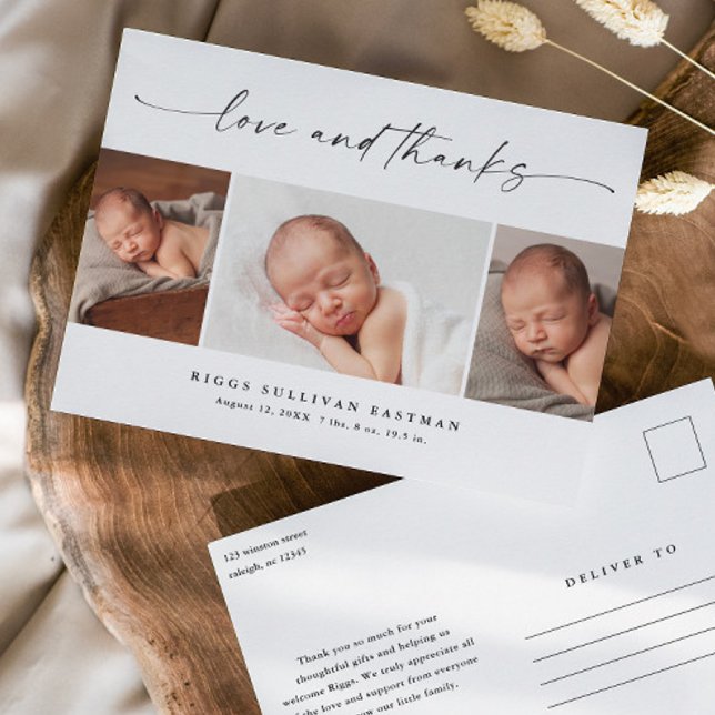 Cartão Postal Script Amor e Obrigado Foto Bebê Obrigado  (Modern script love and thanks 3 photo collage baby thank you announcement postcards.)