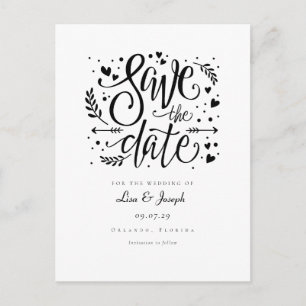 Cartão Postal Script Black and White Hearts Salvar a Data