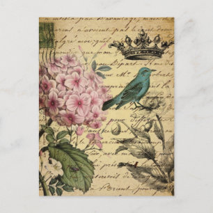 Cartão Postal script da coroa hydrangea bird french botanch