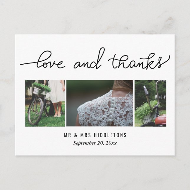 Cartão Postal Script de Amor e Obrigados de Casamento | Três Fot (Frente)