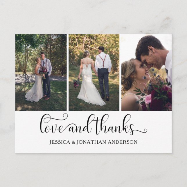 Cartão Postal Script de Caligrafia de Três Fotos Obrigado | (Frente)