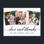 Cartão Postal Script de Caligrafia Moderna 3 Fotografias Amor e<br><div class="desc">Moderno Elegante Caligrafia Roteiro Amor e Obrigados Casamento 3 Foto Obrigado Cartaz</div>