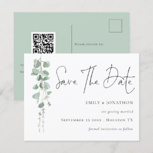 Cartão Postal Script de Código Elegante Eucalyptus QR Salve a Da