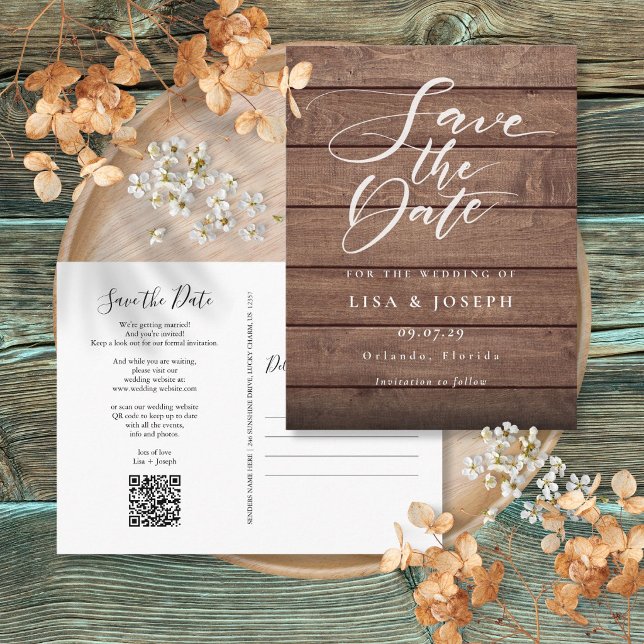 Cartão Postal Script de Código QR de Madeira Rústica para Salvar (Rustic Wood QR Code Script Save the Date Postcard
)