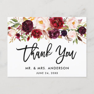 Cartão Postal Script de Pincel Casamento Floral Borgonha Agradec