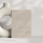Cartão Postal Script de Taupe de bege moderno minimalista Salve<br><div class="desc">Casamento de Script de Taupe Moderno Minimalista de Beige Salve o Cartão-Postal de Data</div>