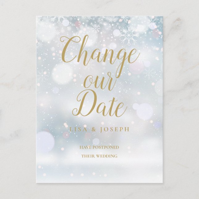 Cartão Postal Script Dourado Alterar a Data Adiada do Evento de  (Frente)
