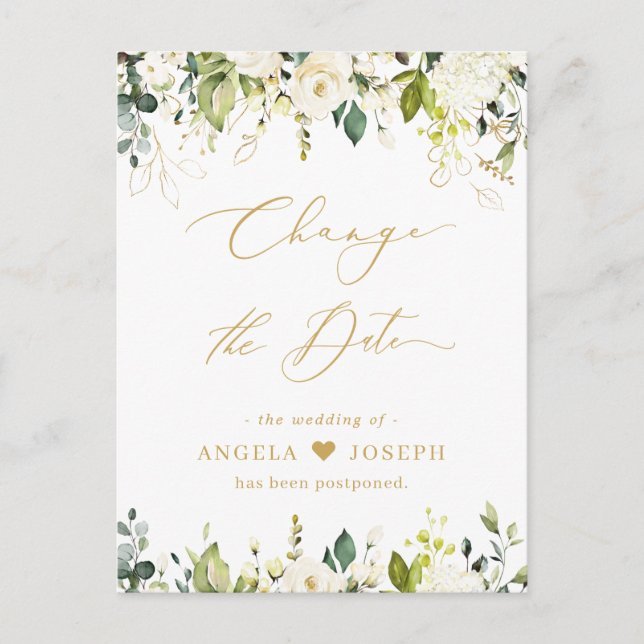 Cartão Postal Script Dourado Alterar a Data das Rosas Brancas Ve (Frente)