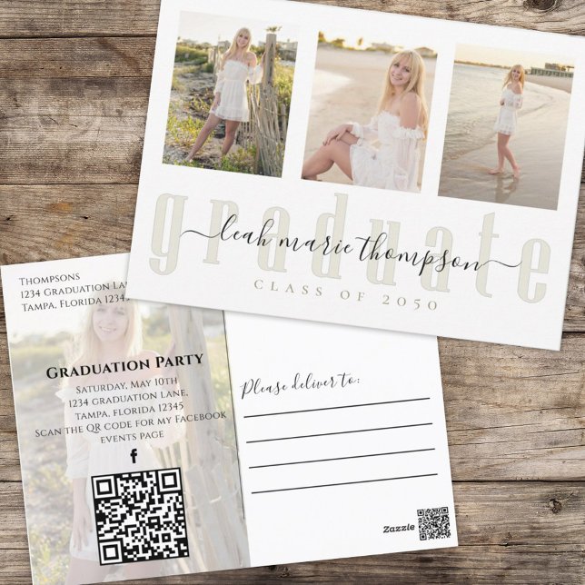 Cartão Postal Script Dourado Elegante Simples de Colagem de Foto (Graduation postcard with a scannable QR Code and multi photo template. )
