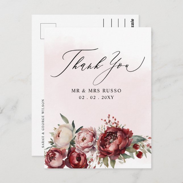 Cartão Postal Script Elegante Burgundy Blush Floral Obrigado (Frente/Verso)