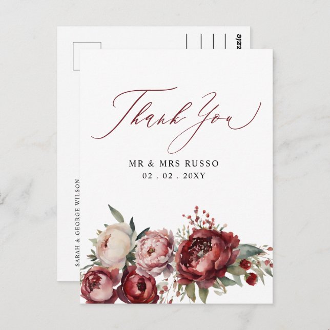 Cartão Postal Script Elegante Burgundy Blush Floral Obrigado (Frente/Verso)