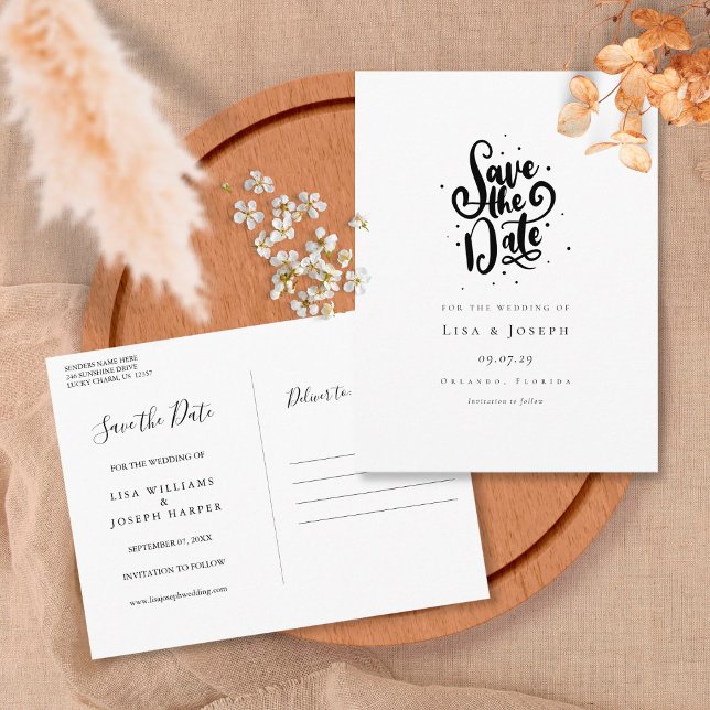 Cartão Postal Script Elegante Preto e Branco Salvar a Data (Criador carregado)