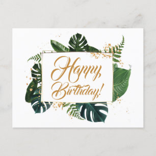 Cartão Postal Script Folhas Verdes Modernas Feliz Aniversário
