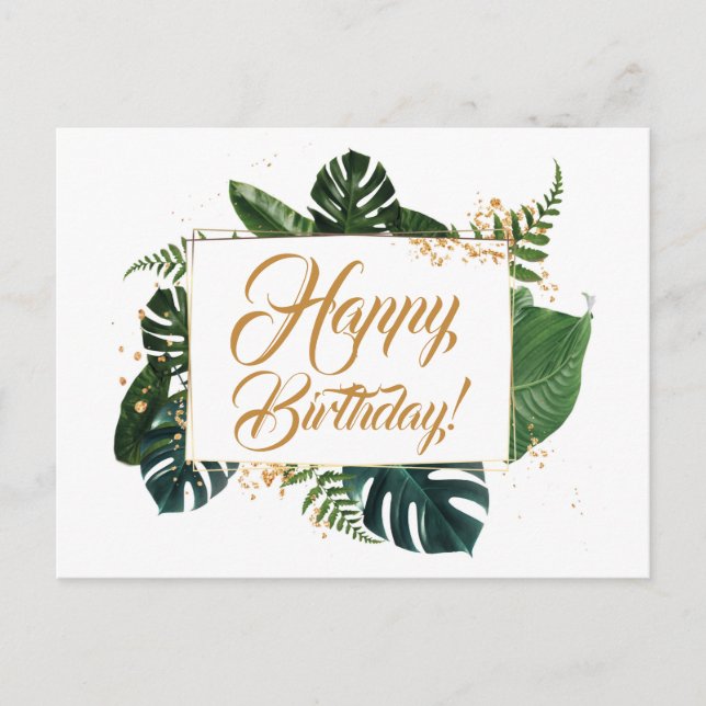 Cartão Postal Script Folhas Verdes Modernas Feliz Aniversário (Frente)