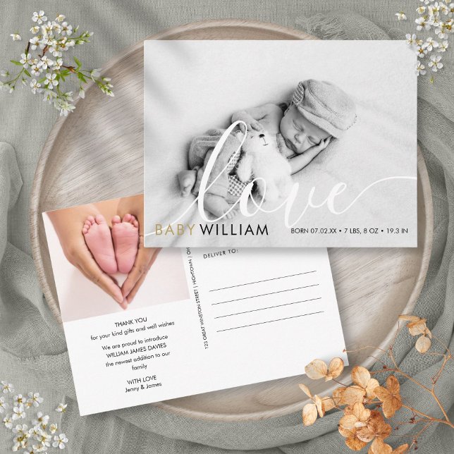 Cartão Postal Script Love Modern Dourado Photo Baby Birth Obriga (Script Love Modern Gold Photo Baby Birth Thank You Postcard)