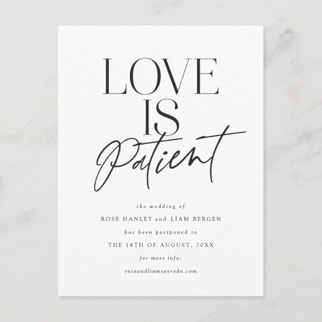 Cartão Postal Script Love Wedding Adiado Alterar a Data (Frente)