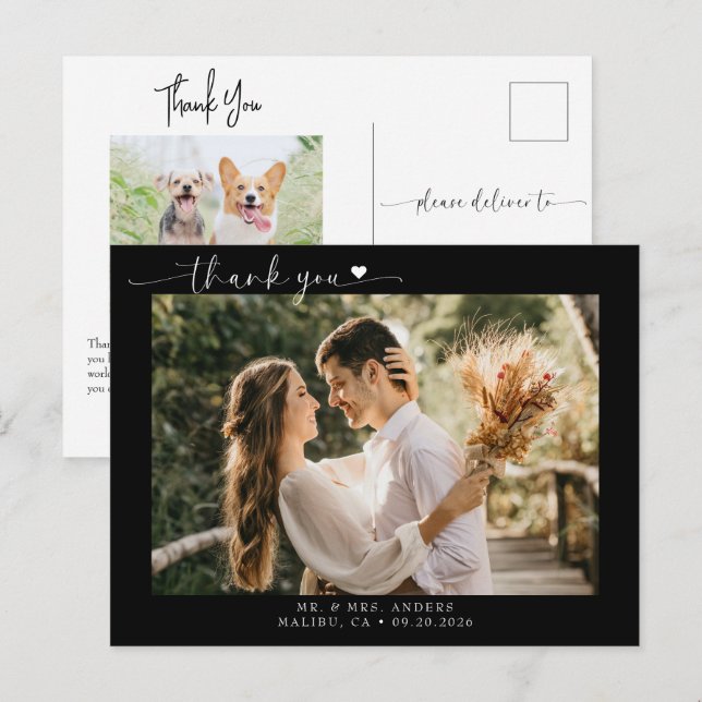 Cartão Postal Script Moderno Agradecimento de Casamento com Foto (Frente/Verso)