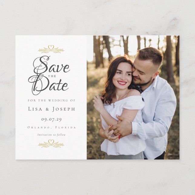 Cartão Postal Script Save The Date Foto Casamento Elegante (Frente)