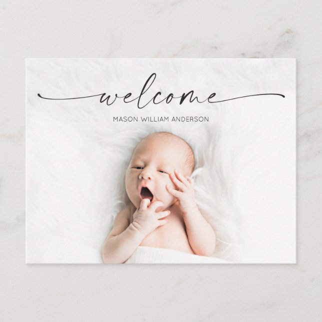 Cartão Postal Script Welcome Baby Birth Anúncio Foto (Frente)