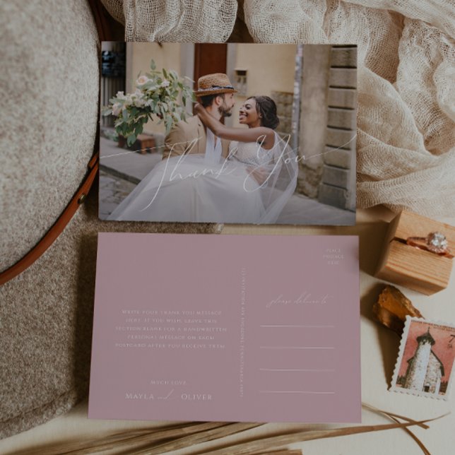 Cartão Postal Script Whimsical | Foto Horizontal Rosa Obrigado (Criador carregado)