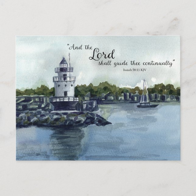Cartão Postal Scripture Isaiah 58:11 Maine Lighthouse Watercolor (Frente)