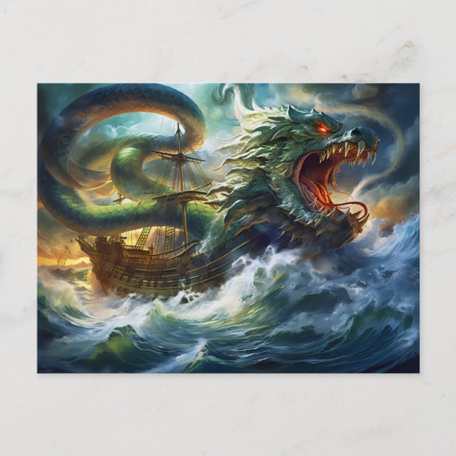 Cartão Postal Sea Serpent Attacking Ship in Storm Fantasy Painti (Frente)