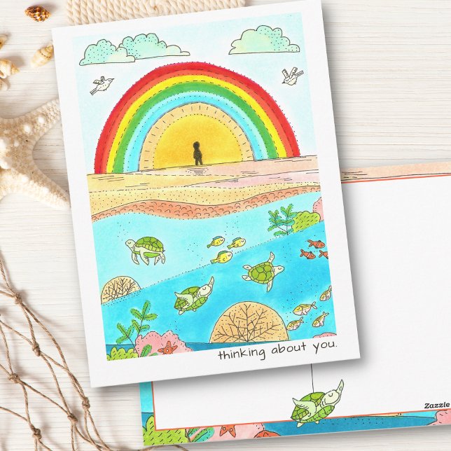 Cartão Postal Sea Turtle Adventure Happy Place Pense em você (Hand Drawn Sea Turtle Beach Postcard)